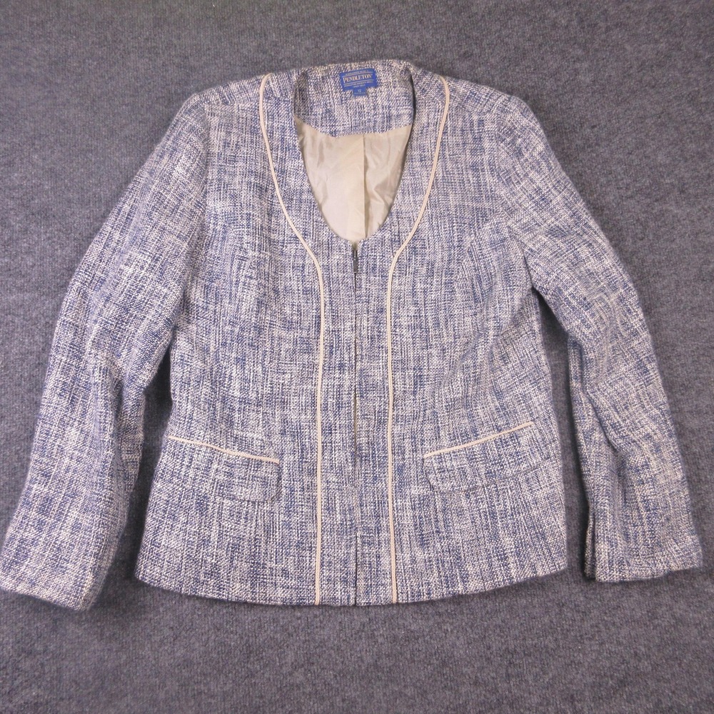 Pendleton Textured Tweed‎ Blazer Jacket Womens 12 Blue Collarless Full Zip